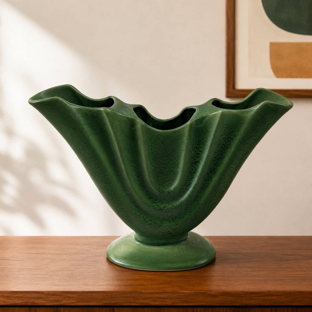 Vintage Camark Pottery 288 Fan Vase Green Matte Art Deco USA Console Vase